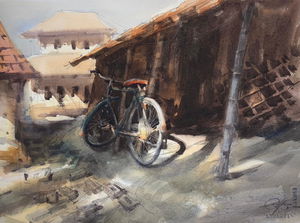 Cycling Paintings for Sale, Watercolor Bicycle Art, 15x11 inch Image