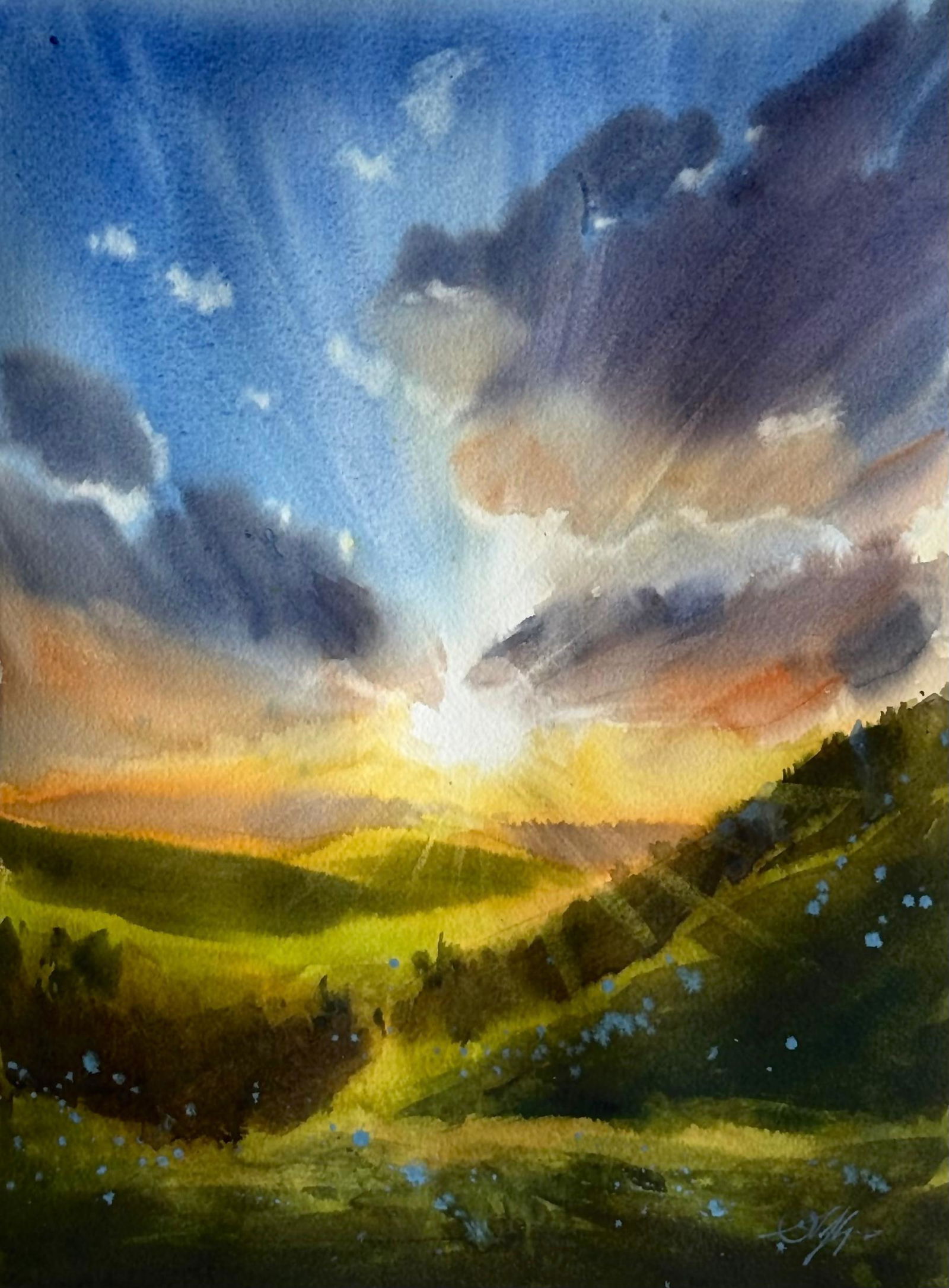 Watercolor Landscape, Sunrise Painting 15x11 inch Image