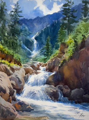Watercolor Waterfall Painting 15x11 inch Image