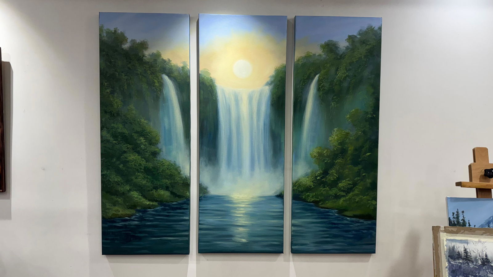 Sold Commission work, Sunrise with Waterfall Oil Painting 44x16 inch x 3 Panel Image