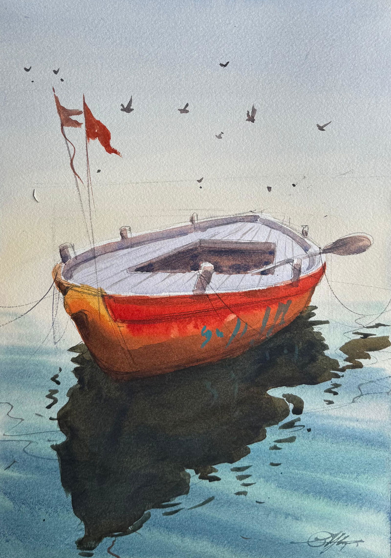 Varanasi Watercolor Boat Painting 15x11 inch Image