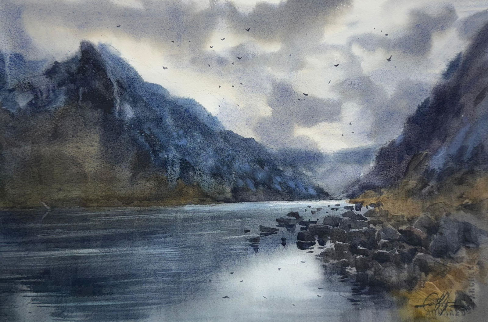 Moody Landscape , Watercolor Hill Scape 15x10 inch Image