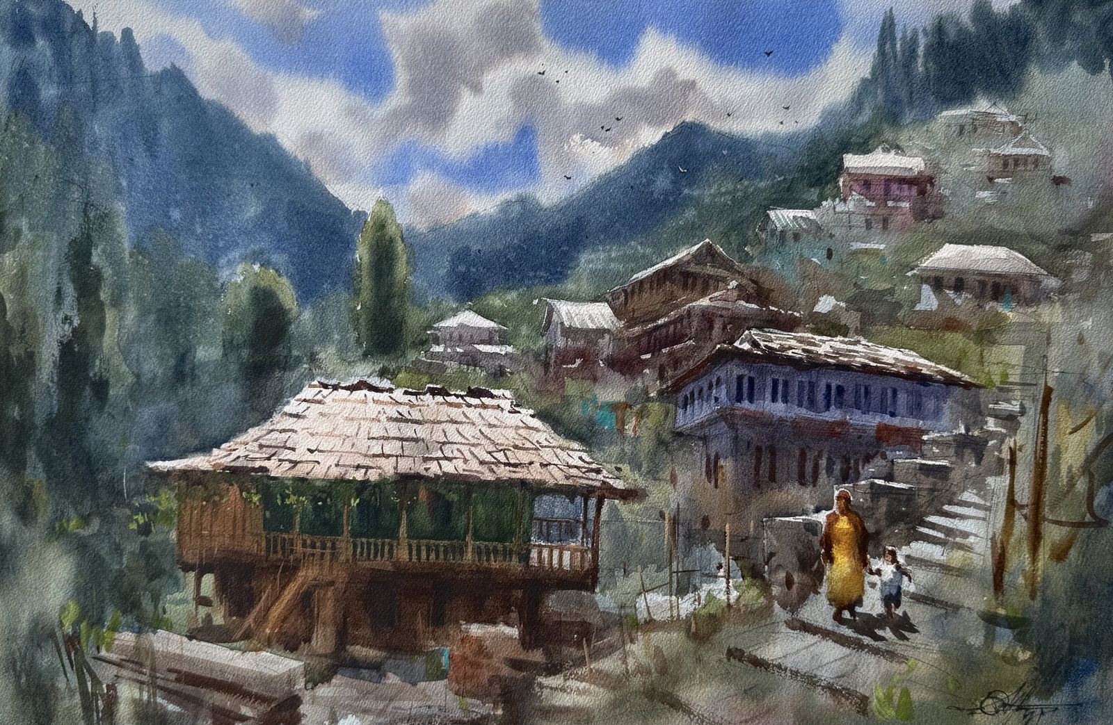 Watercolor Landscape Manali Beautiful Village Pulag 22x15 Inch Image
