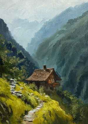 Oil On Canvas , Beautiful Landscape Painting, Hill Scape, 16x12 inch Image