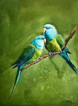 Green Parrot Watercolor Wild Life Painting 15x11 inch Image
