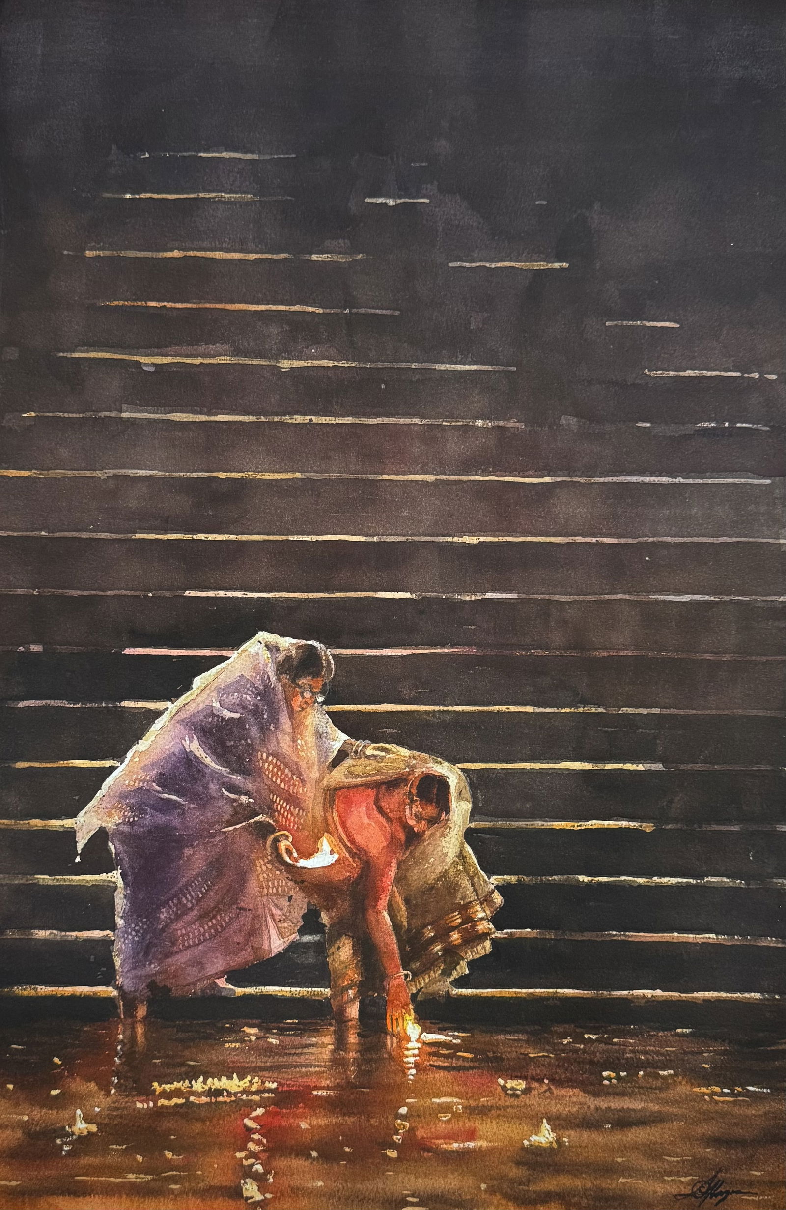 Silent Offerings, Devotion,Watercolor Painting Ganga Aarti 22x15inch Image