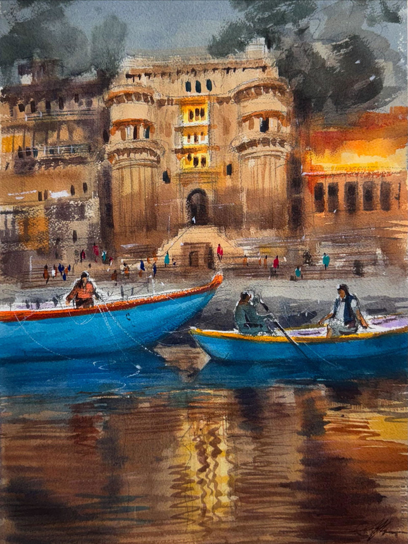 Watercolor Landscape Painting 15x11 inch, Banaras Ghat / Kashi Painting / Temple and Boats.Varanasi Image