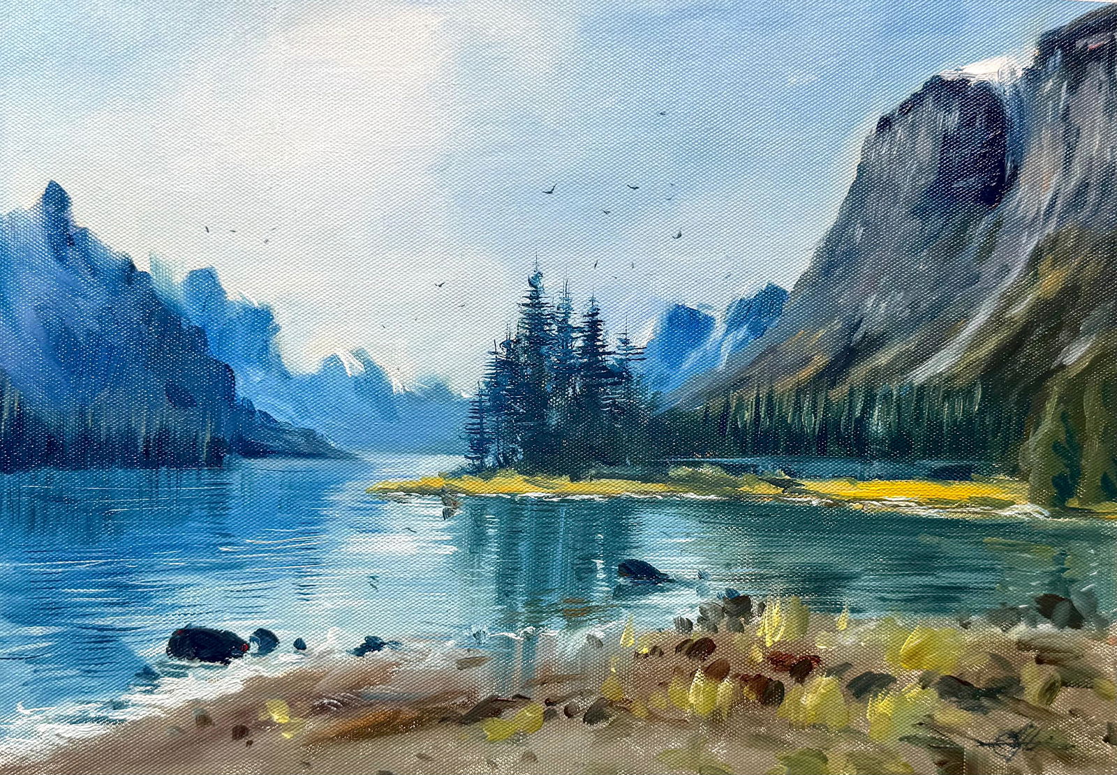 Oil On Canvas 15x11inch, oil Landscape Painting, Sea, Mountain, Reflections Image