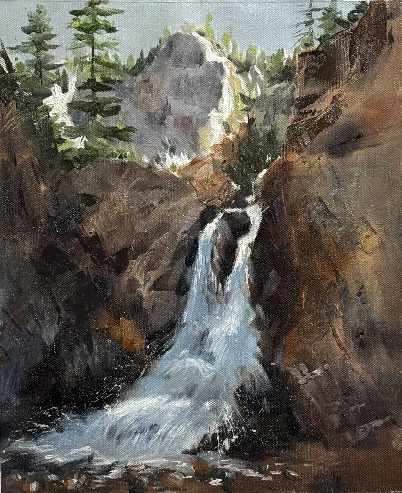 Oil On Canvas 15x11inch, oil Landscape Painting,  Mountain Waterfall Painting Image
