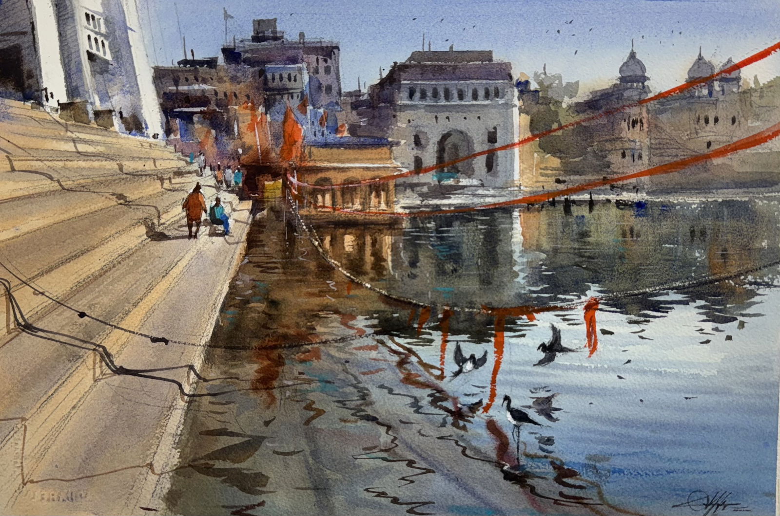Pushkar Ghat Rajasthan.Beautiful Watercolor Landscape Painting For Drawing room,Office,House,Size 15x10 inch Image