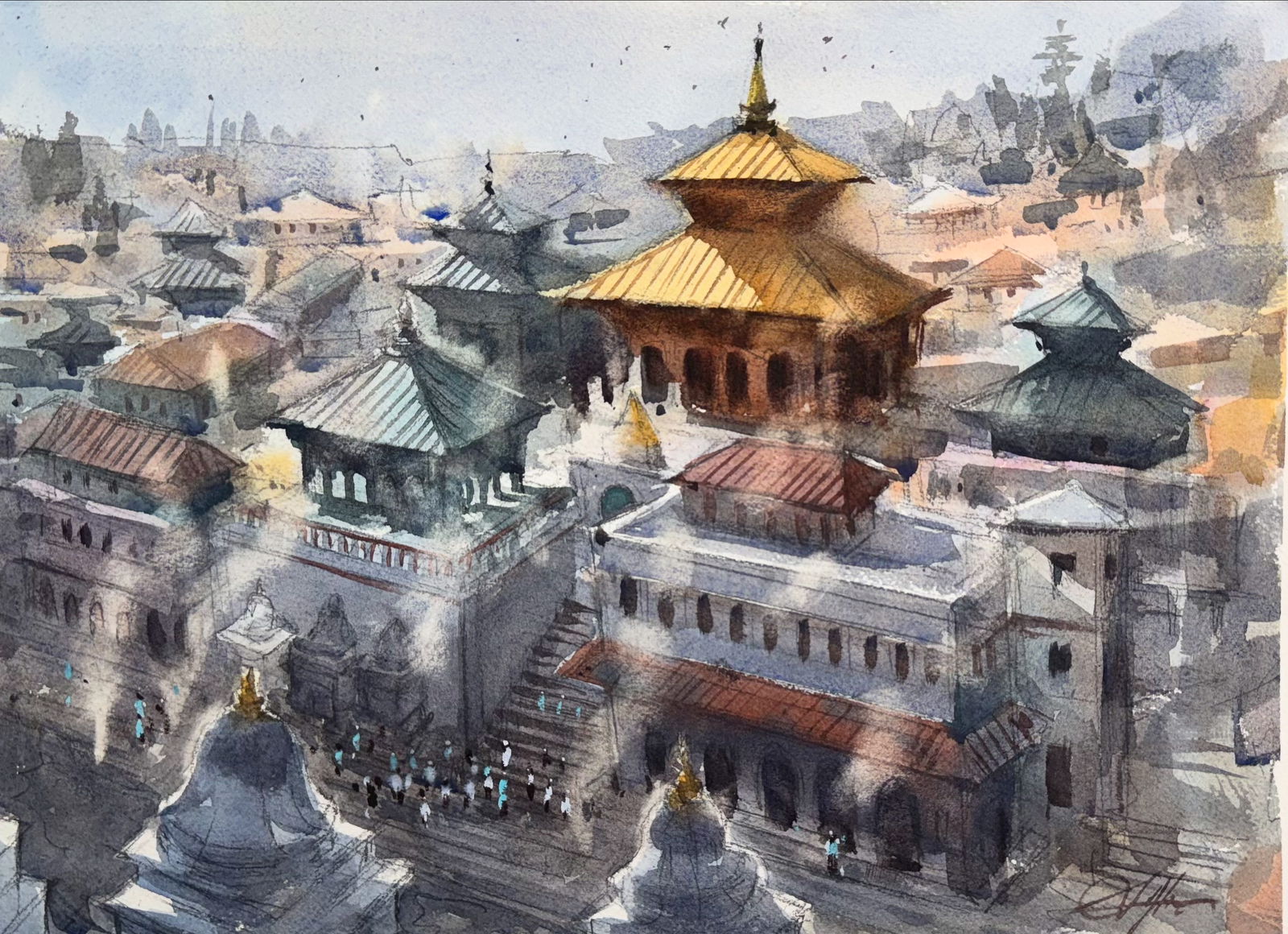 Pashupatinath Temple.Watercolor Cityscape Painting 15x11 inch Image