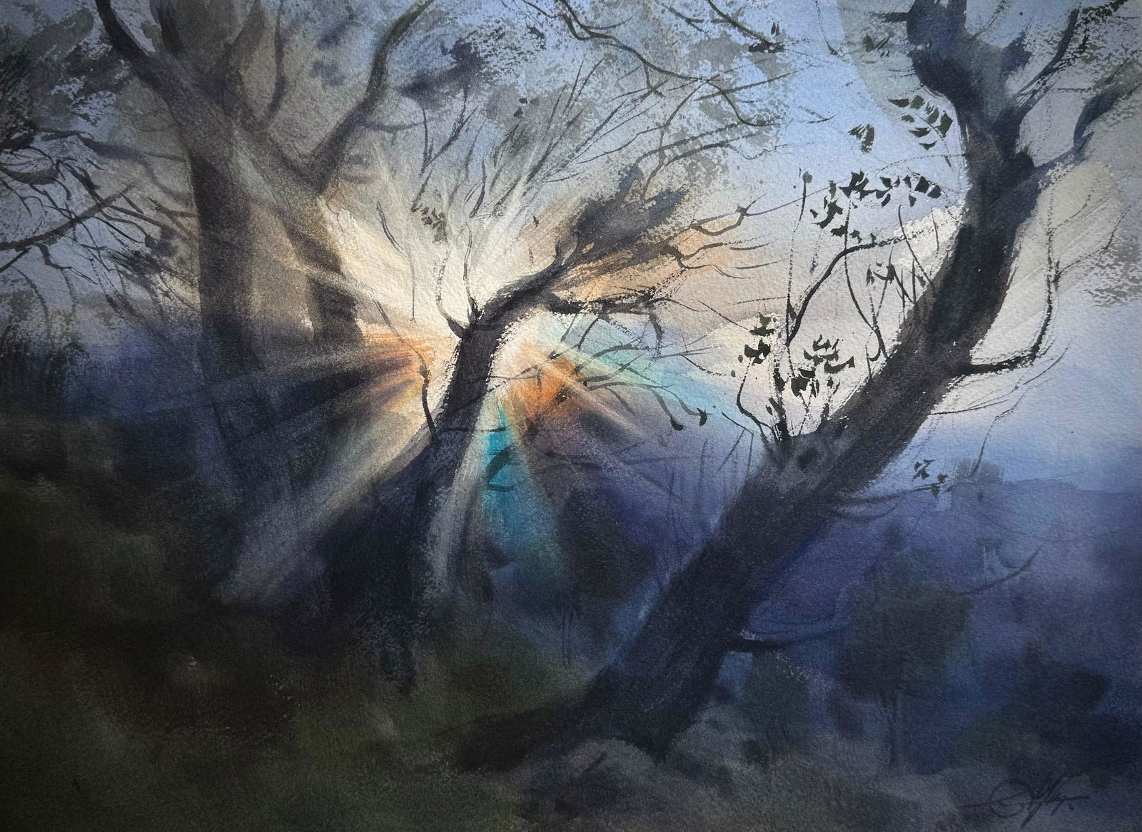 Moody Watercolor Landscape 15x11 inch Beautiful Atmosphere Botanical Image