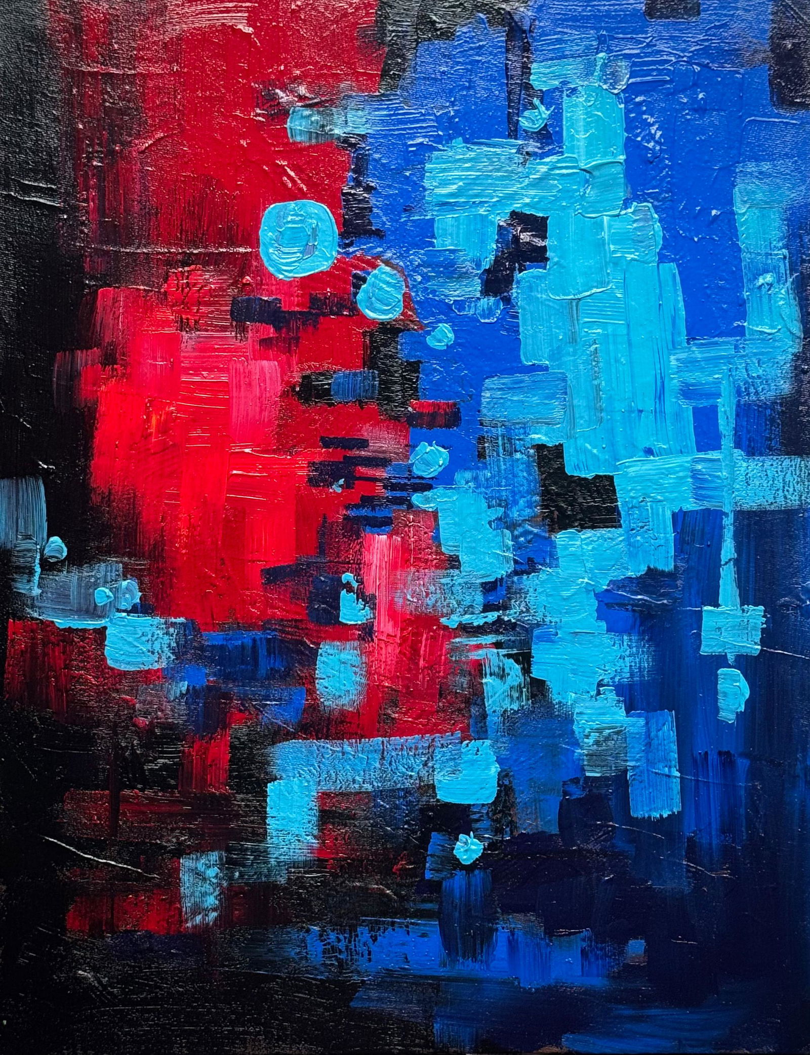 “Divided Silence” Reflects the contrast between red and blue, Size: 18 x 14 inch Acrylic Abstract Painting Image