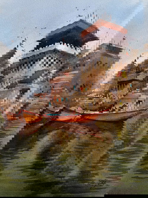 Watercolor Landscape Painting Varanasi Ghat 15x11 inch/ Kashi Painting / Temple and Boats. Image