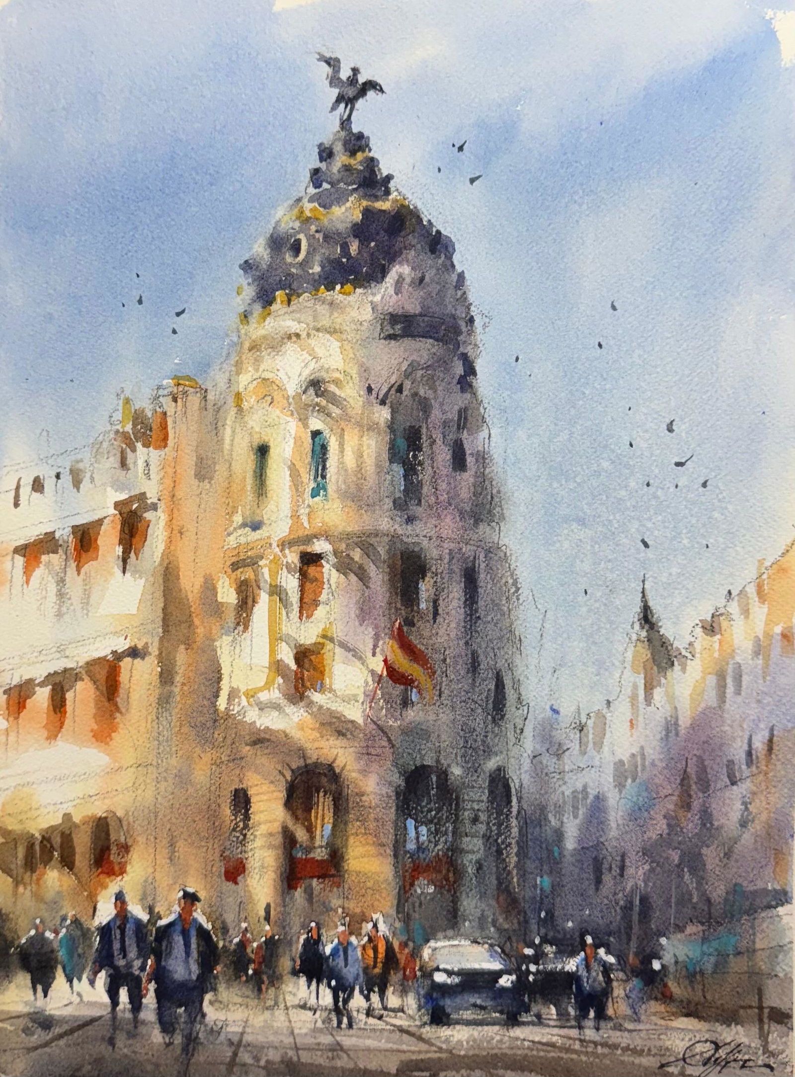 Metropolis Morning – Madrid in Watercolor 15x11 inch Image