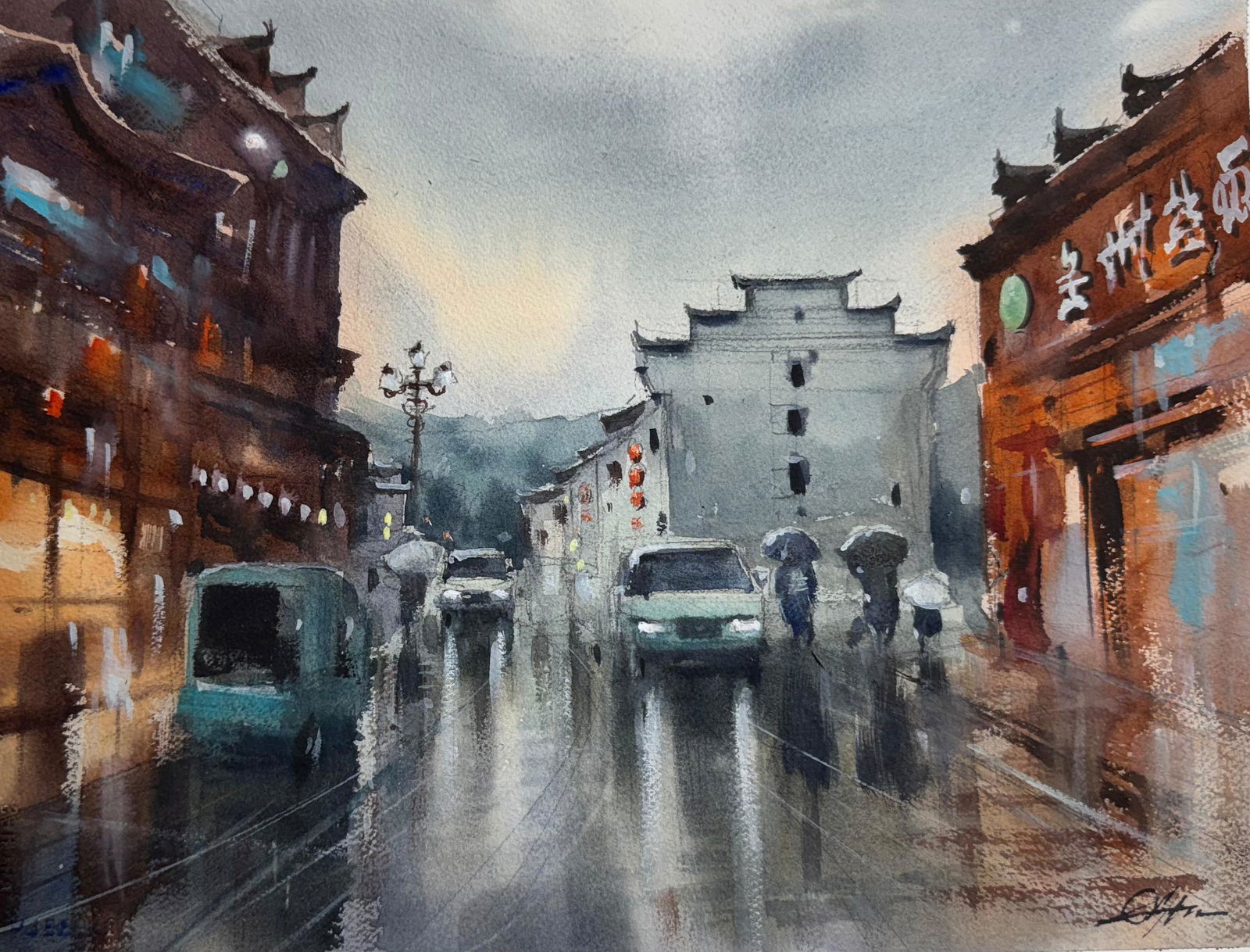 “Rainy Street in China” – Watercolor 15x11 inch Image