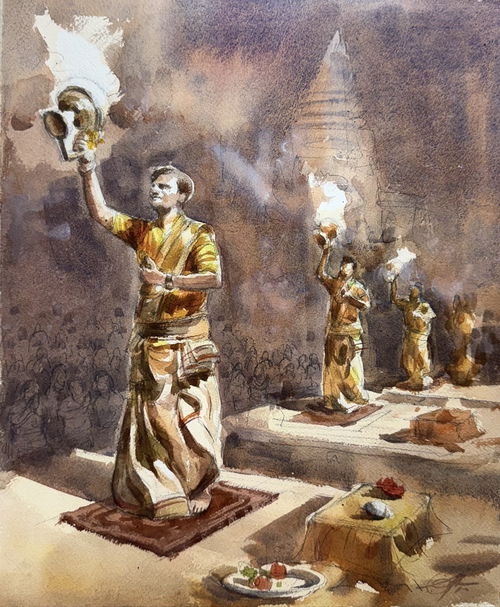 Ganga Aarti Kashi Varanasi 15x11 inch Watercolor Painting Image