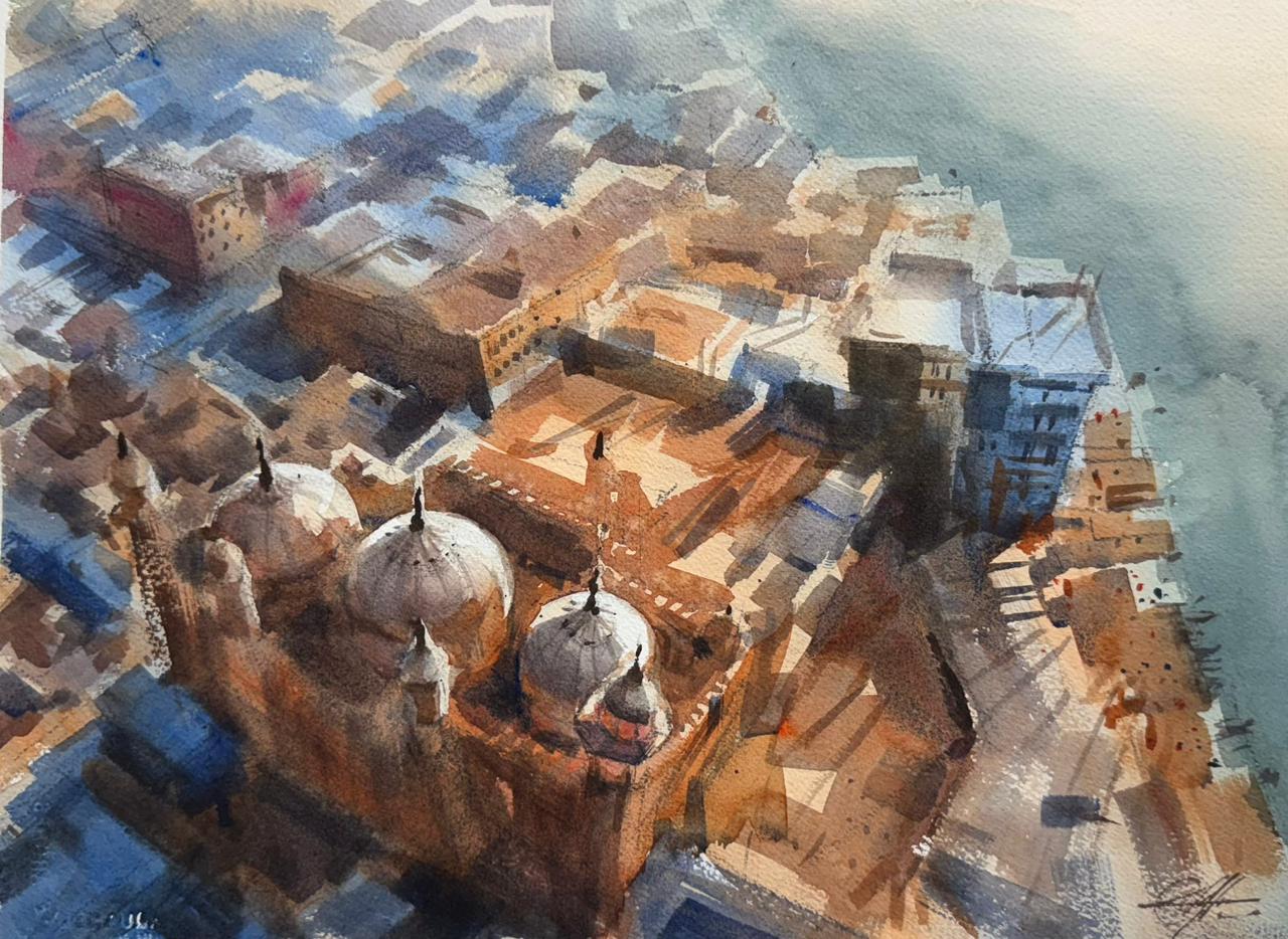 Top View Varanasi 15x11 inch Watercolor Landscape Painting Image