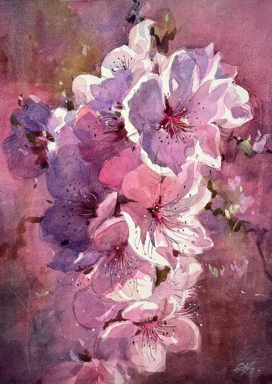 Whispers of Spring Cherry Blossom 15x11 inch Watercolor Painting Image