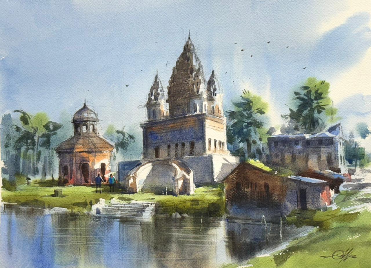 Bhubaneswar Shiva Mandir,Puthia 15x11 inch Watercolor Painting Image