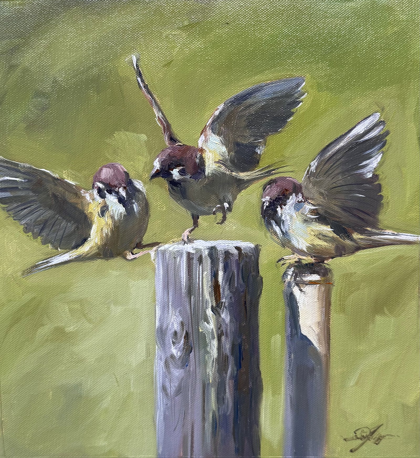 Oil Birds Painting Sparrow Family 12x11 inch Image