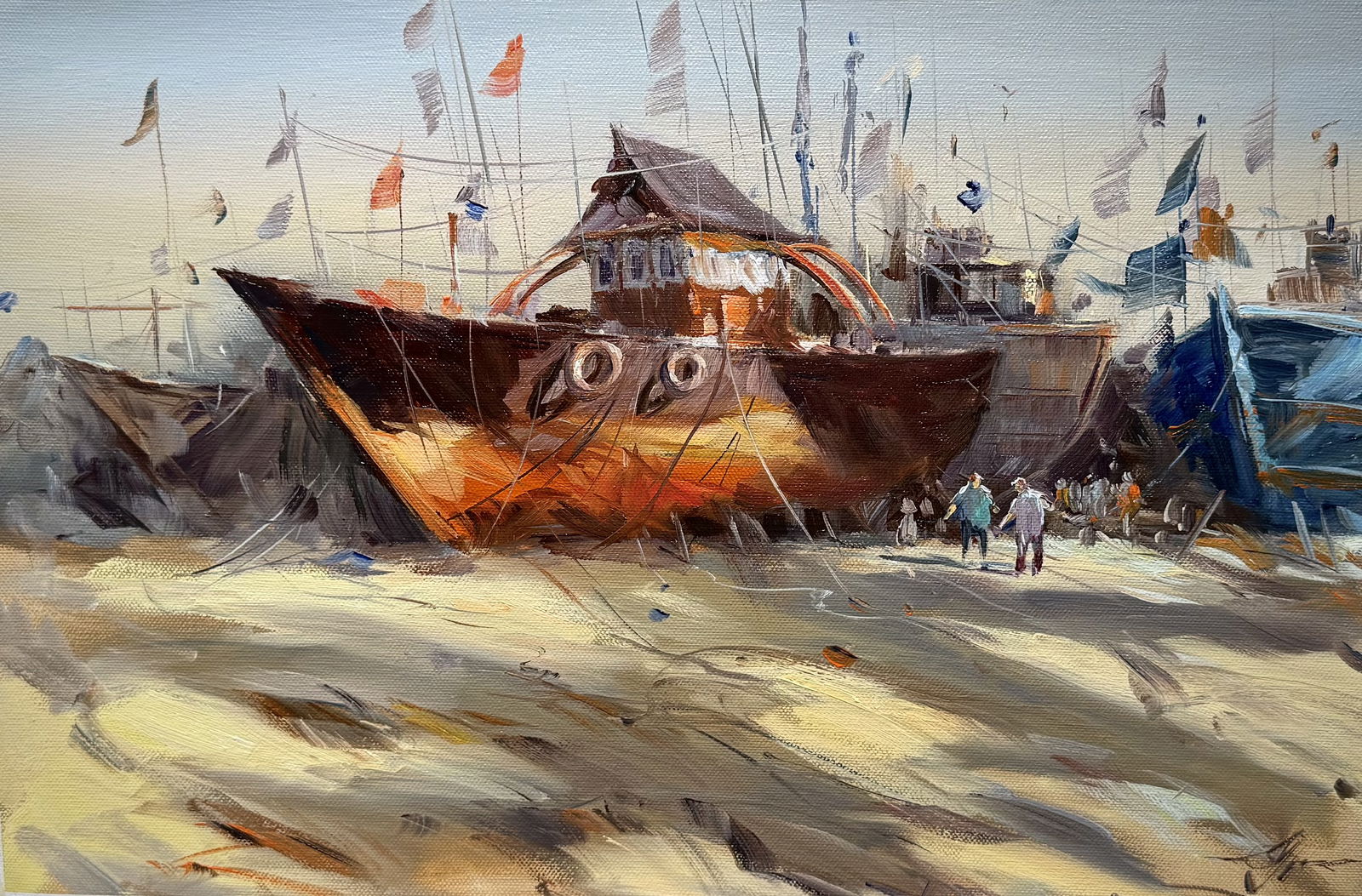 Beautiful Oil Boats Painting For Office,House,Drawing Room,Dinning Rooms,Interior Design,Studio / Porbander 18x12 inch Image