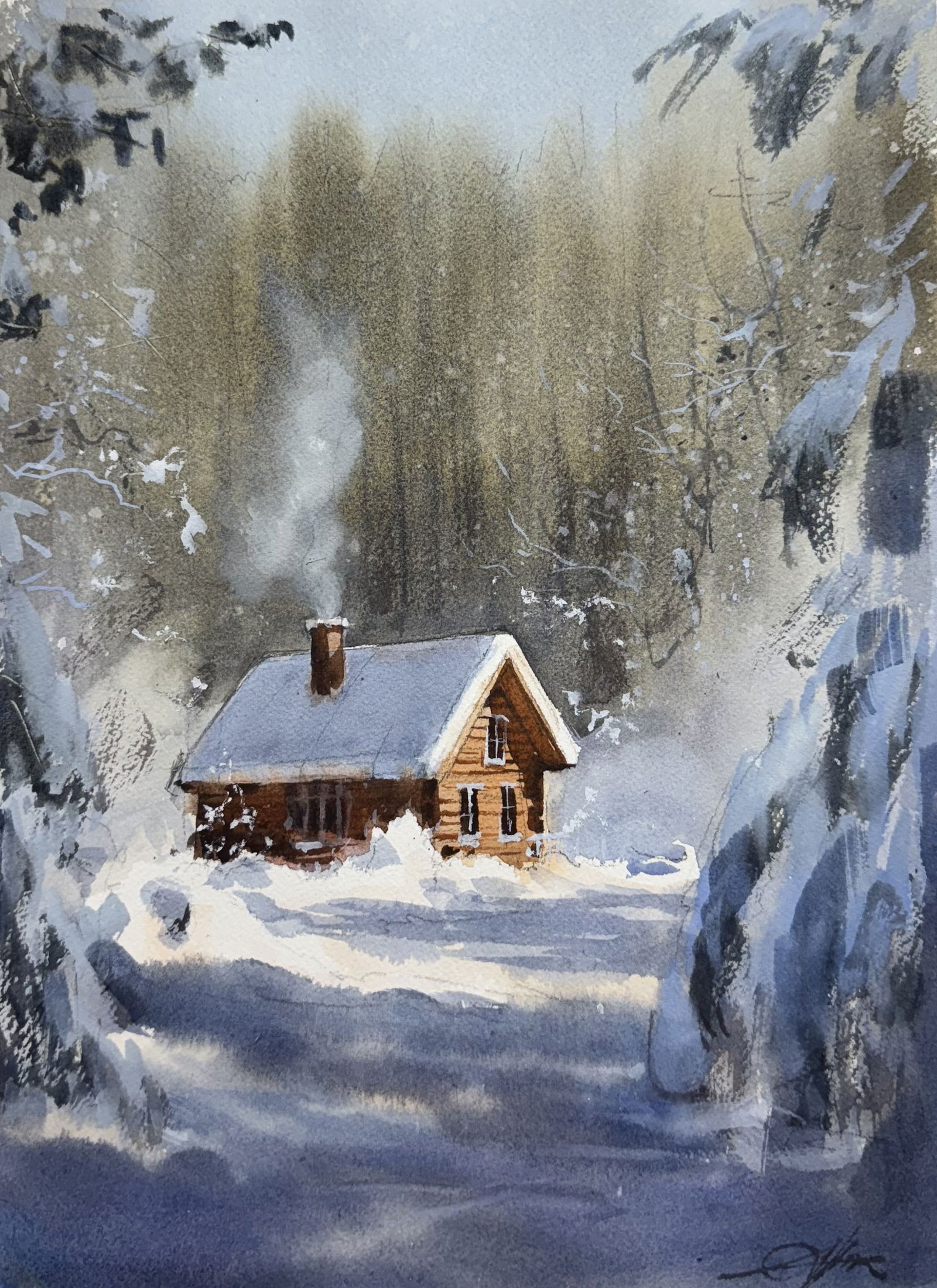 Watercolor Winter Landscape Painting 15x11 inch Image