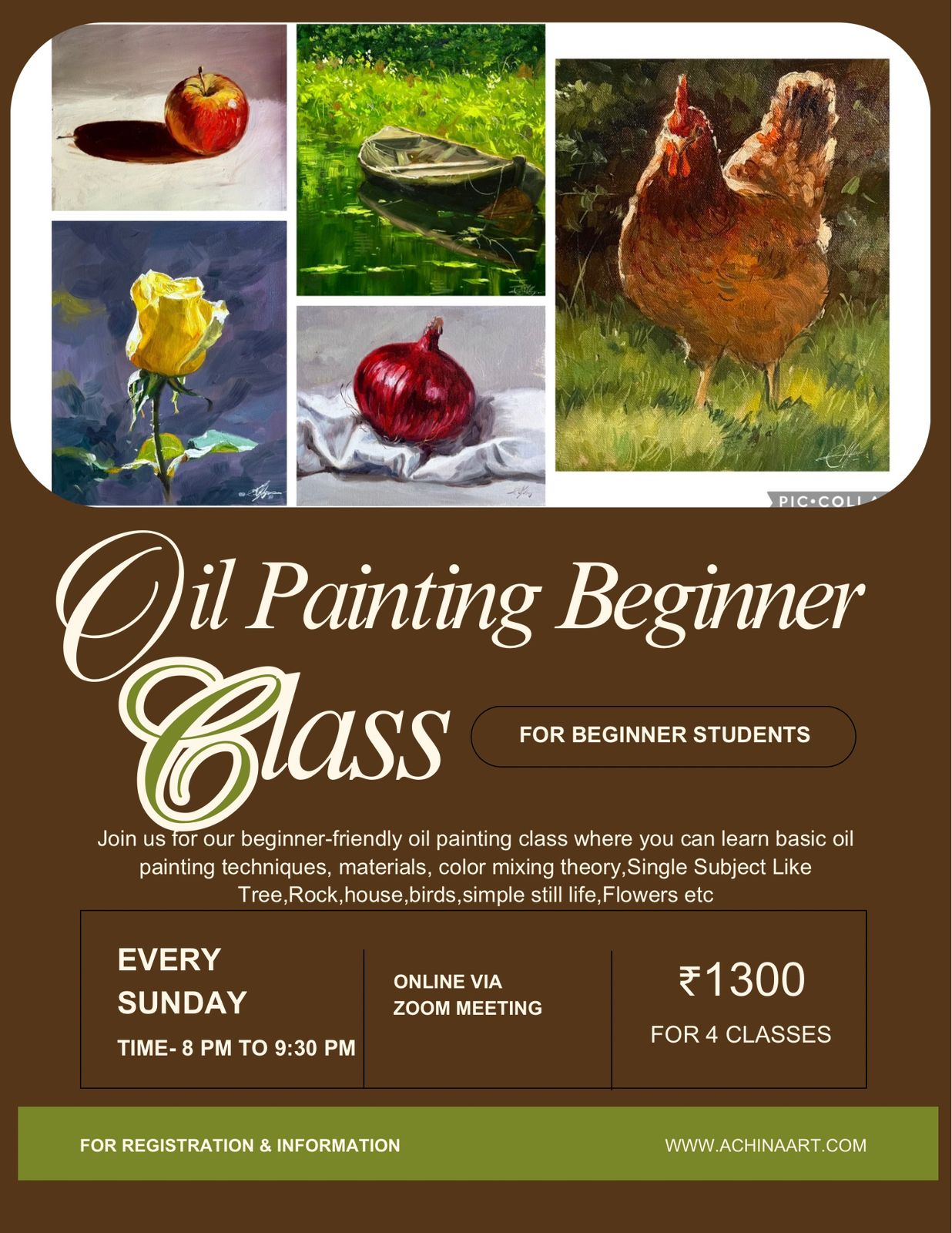 Online Beginner Oil Painting Class,Every Sunday Evening 8 PM to 9:30 PM Image