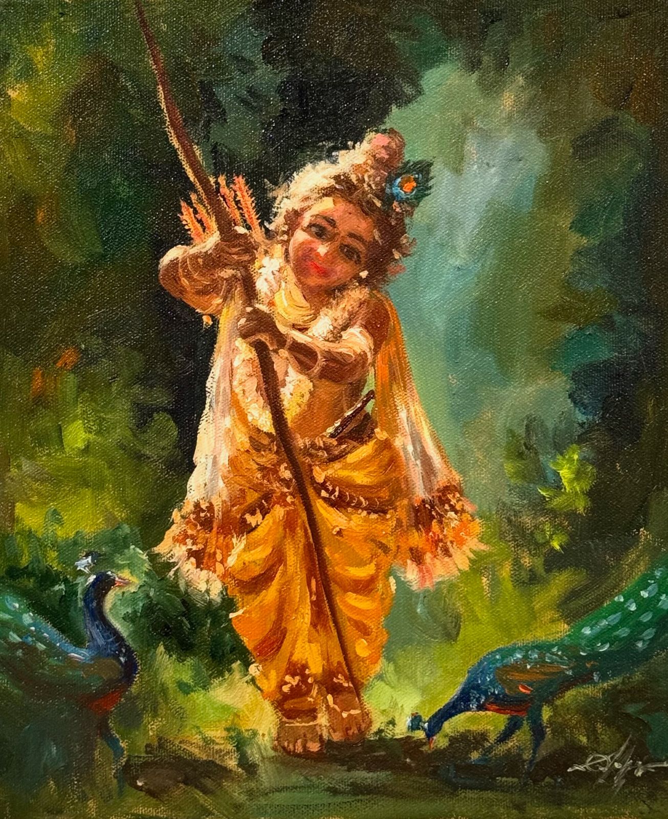 Little Krishna with Peacocks 12x10 inch Oil On Canvas Painting Image
