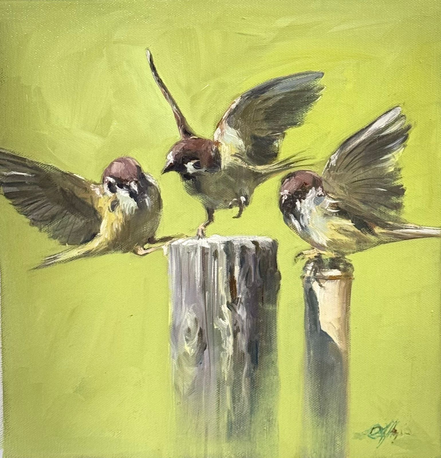 Companions in Green 12x11 inch oil painting Sparrow Birds Image
