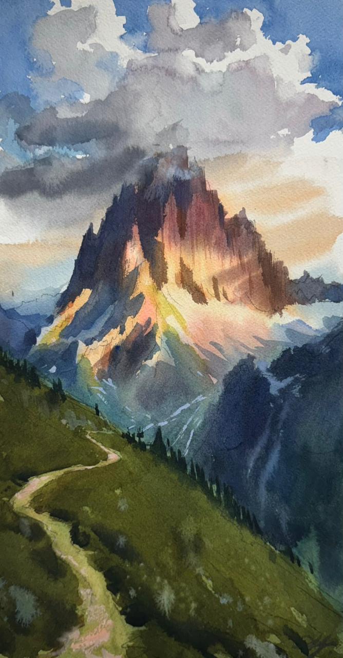 Hills, Sunlight & Clouds in Watercolor 15x8 inch Image