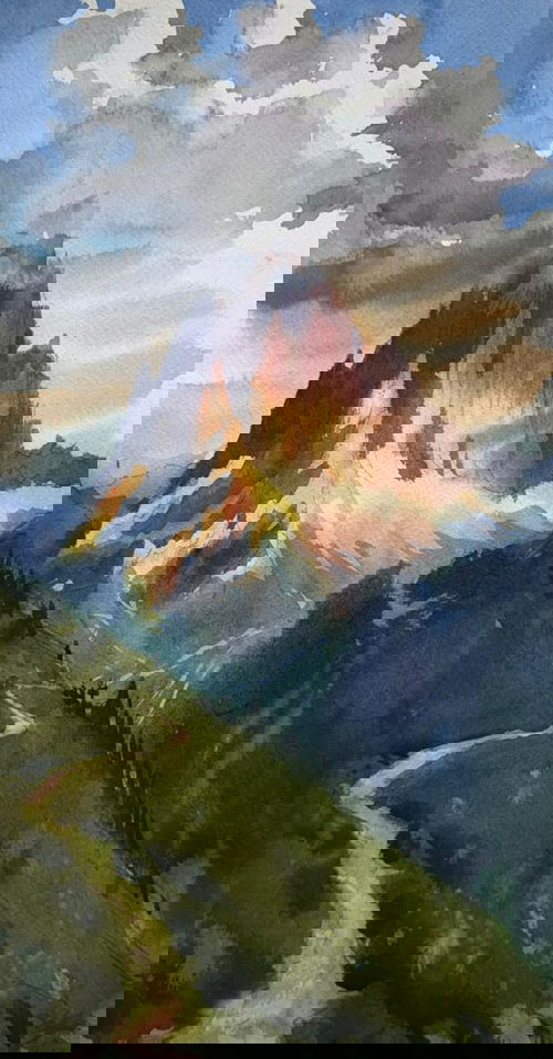 Hills, Sunlight & Clouds in Watercolor 15x8 inch Image