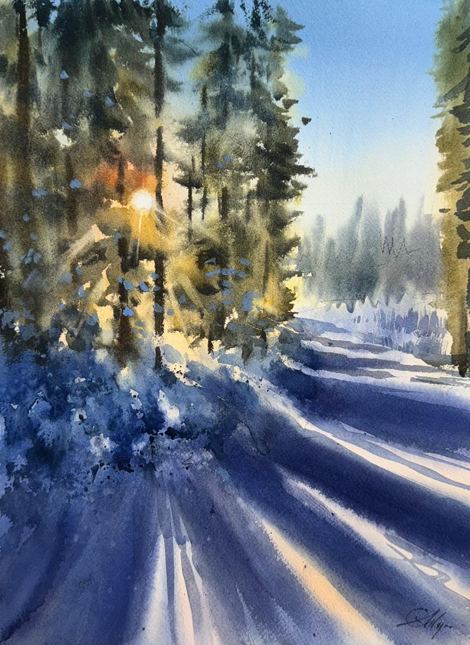 Watercolor Landscape 15x11 inch sun rise Image