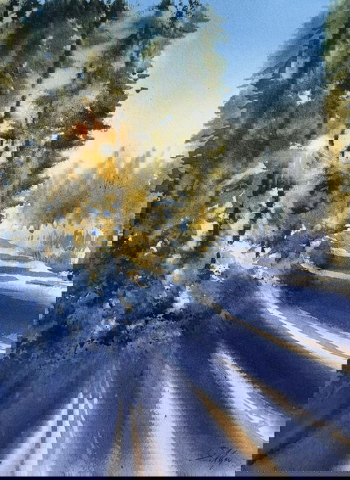 Watercolor Landscape 15x11 inch sun rise Image