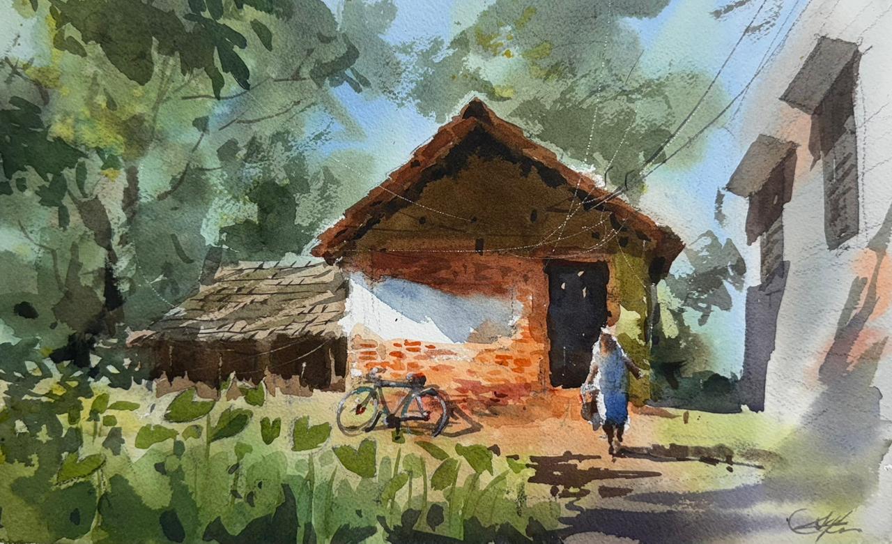 Morning by the Village House 15x11 inch watercolor Image