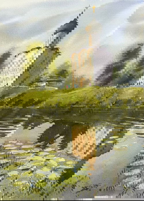 Reflections of Faith Church Intercession of Holy Virgin on Nerl River. Russia 15x11 inch Watercolor Image