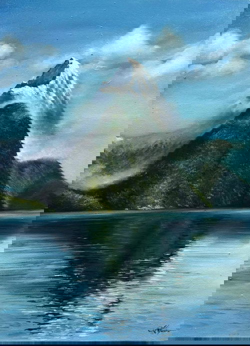 Mitre Peak, Milford Sound, New Zealand “Majestic Reflections” 24X18 Inch Oil Landscape Painting Image