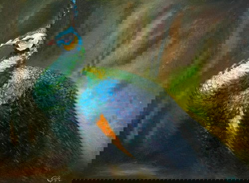 Silent Majesty 24 x 18 inches Oil on Canvas, Indian Peacock Oil Painting | Wildlife Art by Achintya Hazra Image