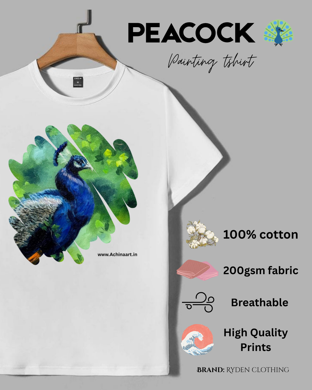 Peacock Art T-Shirt | Original Hand Painting Printed on Premium Cotton | Achinaart