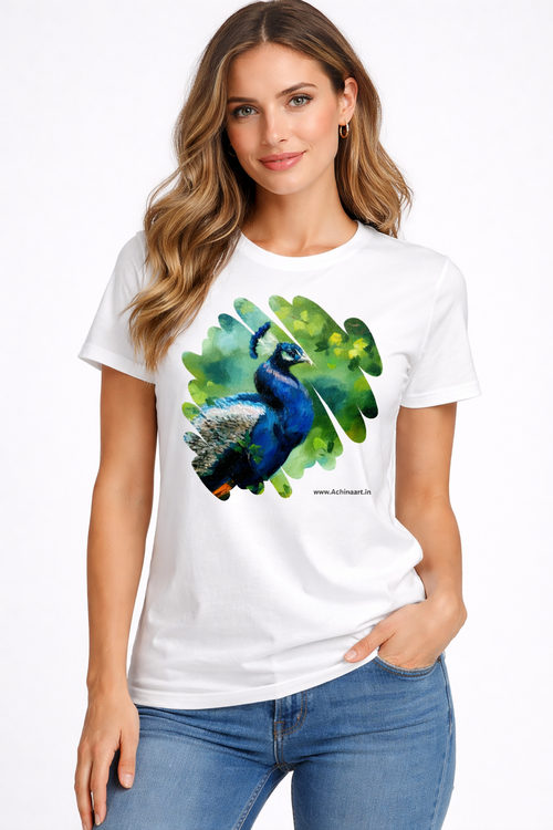 Peacock Art T-Shirt | Original Hand Painting Printed on Premium Cotton | Achinaart Image