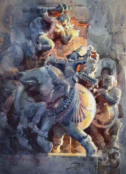 Indian Sculpture in Watercolour | Original Painting | 15 × 11 Inches | Available for Sale Image