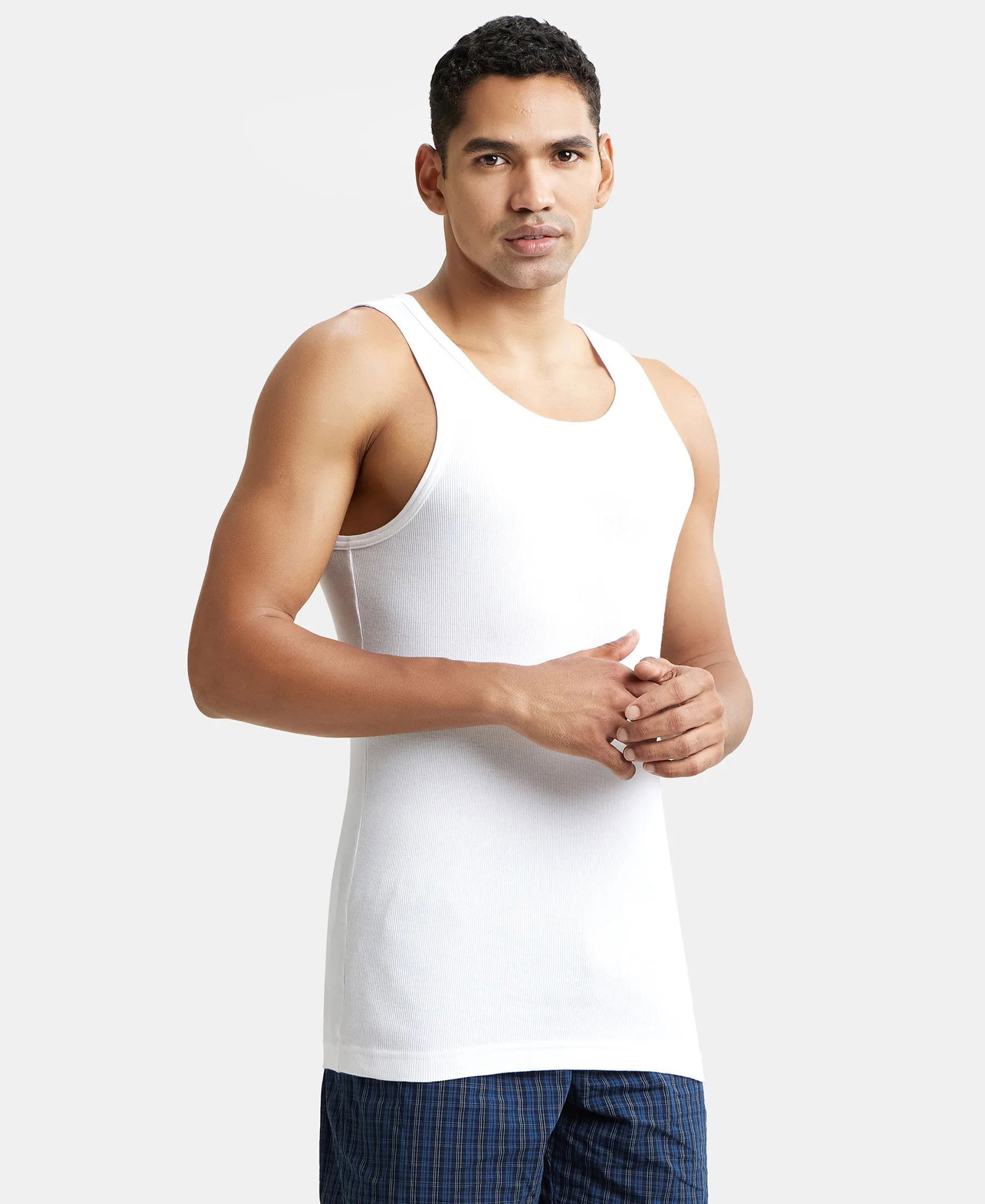 Supper Combed Cotton Rib Round Neck Sleeveless vest with StayFreesh Properties - White (Pack of 2) Image