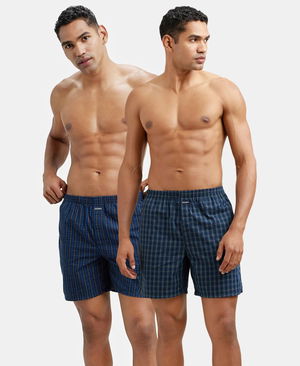 Super Combed Mercerized Cotton Woven Checkered Boxer Shorts With Side Pocket - Navy( Pack of 2) Image