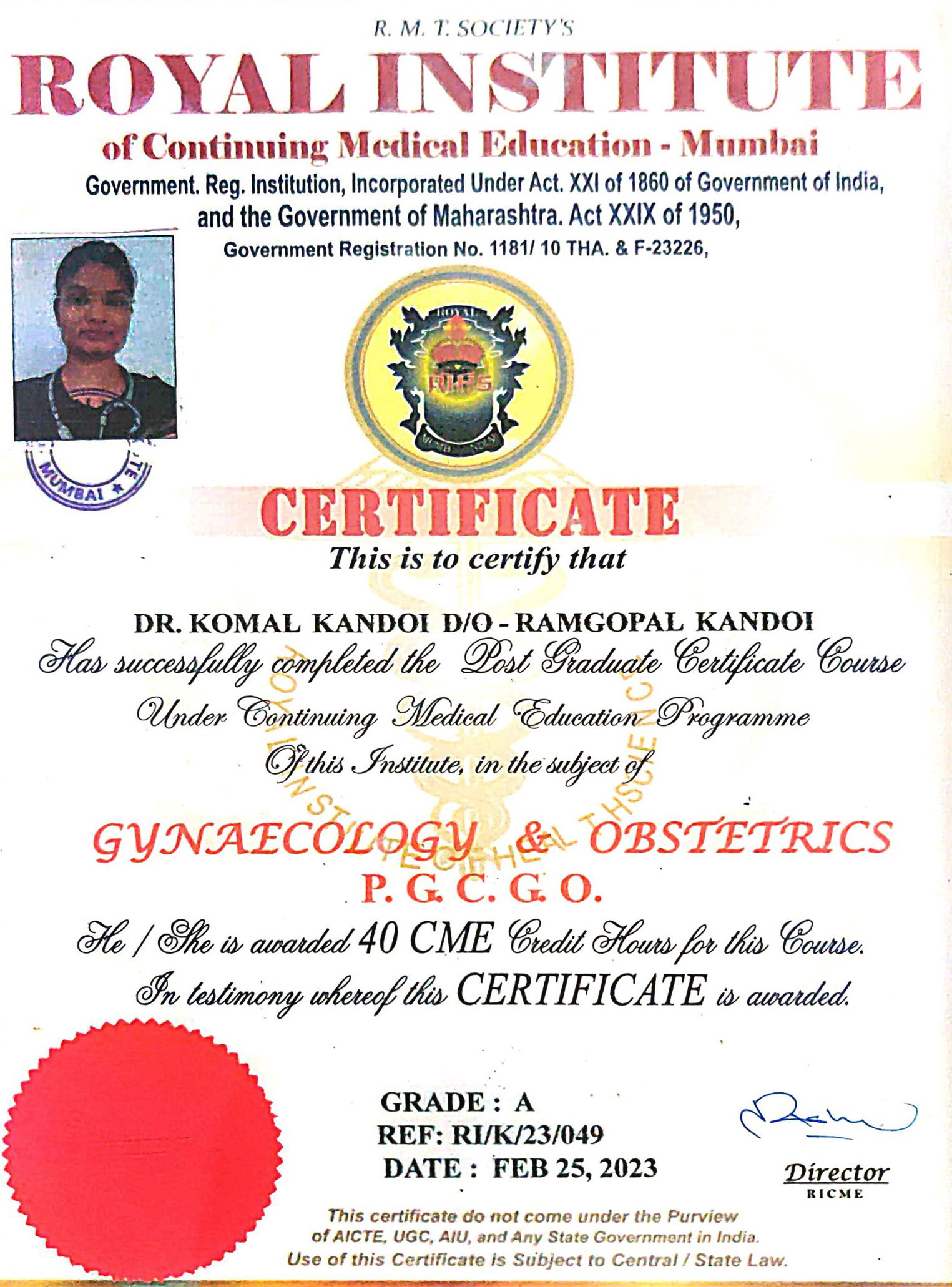 Dr. Komal Kandoi - Certificate 1 