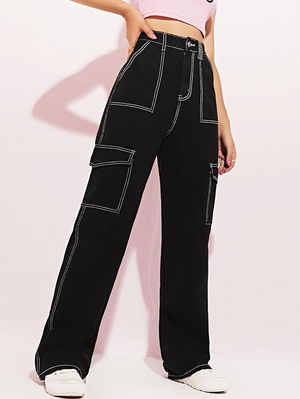 Women's Cotton Blend Stretchable Black Cargo Jeans SUAV1 Image