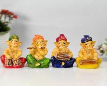 Ganapati Murti Idols Set of 4 Showpiece Figurine Playing Musical Instrument for Home Image