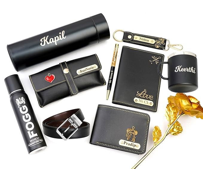 WALLET HAMPERS  03 Your Name Customized Mens Gift Hamper Set with Water Bottle, Passport Cover, Pen, Men Wallet, Sunglasses Cover, Keychain, Men Deodorant, Golden Rose and Mens Belt (Black) Image