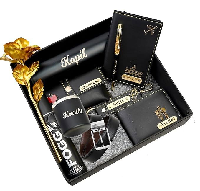 WALLET HAMPERS  03 Your Name Customized Mens Gift Hamper Set with Water Bottle, Passport Cover, Pen, Men Wallet, Sunglasses Cover, Keychain, Men Deodorant, Golden Rose and Mens Belt (Black)