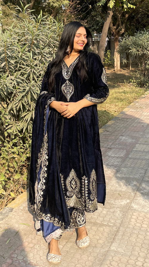 Royal blue velvet suit with silver zari work 3 piece suit Image