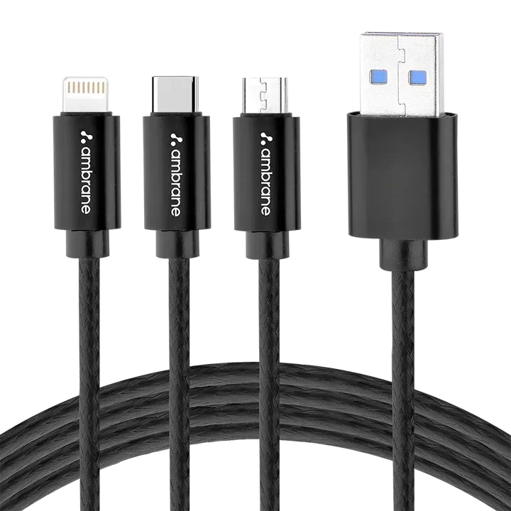 Ambrane Trinty-111 BRAIDED CABLE  ( 3 in 1 cable for macro Type -C & iphone Devices   Image 